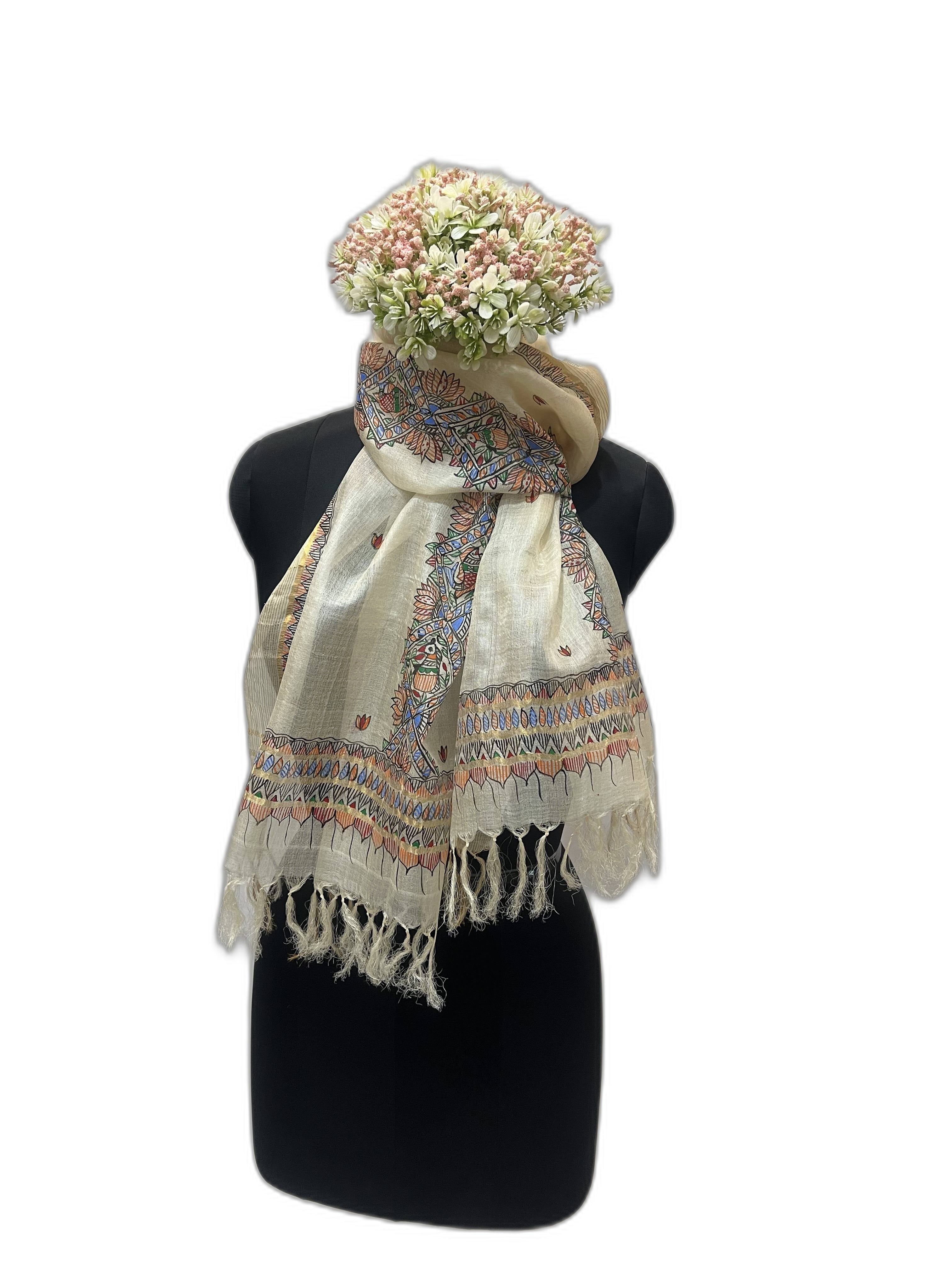 Tussar Silk Stole in Ivory with Zari Border and Handpainted Madhubani Motifs